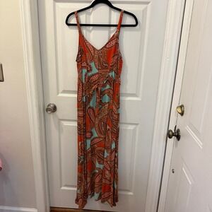 Ivy Street Women's Large Paisley Maxi Dress Orange Teal Boho Spaghetti Strap